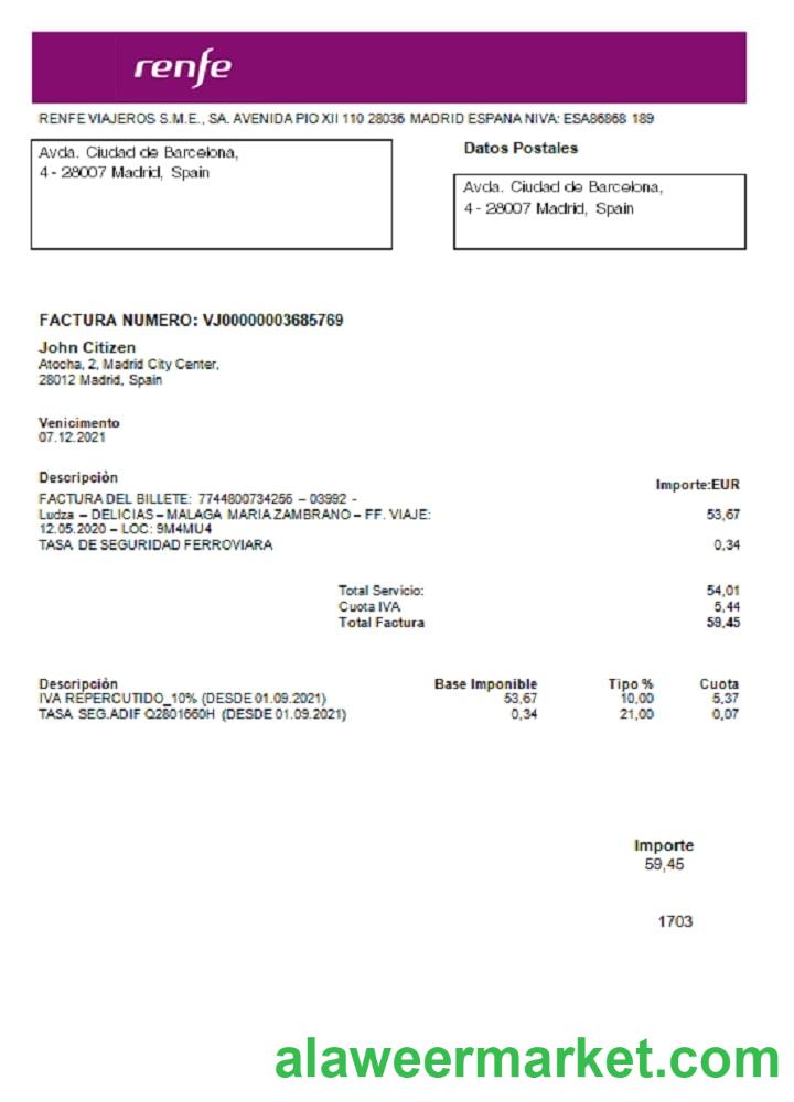 Spain Renfe utility bill template in Word and PDF format